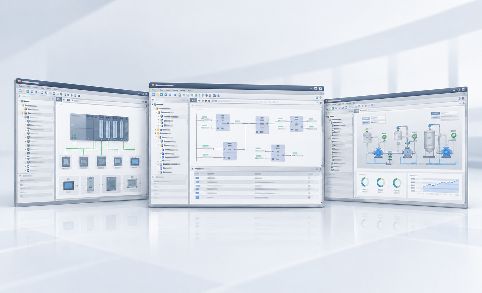 ภาพประกอบแนวคิด Software Development แสดงหน้าต่างโปรแกรม PLC และ HMI ไม่ใช่ภาพหน้าจอโปรแกรมที่ใช้งานจริง